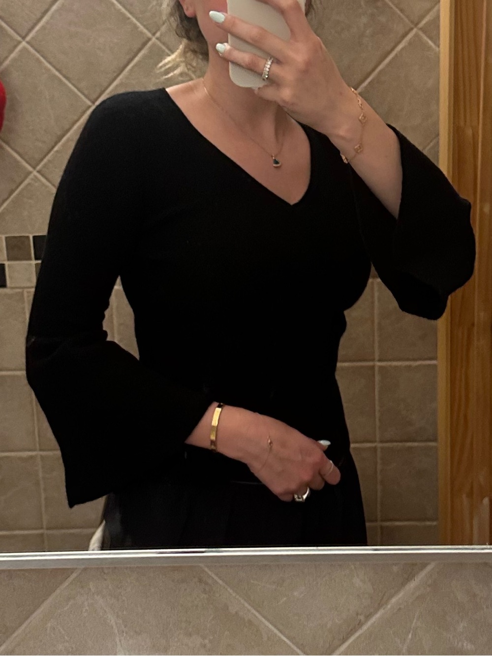 Elie Tahari Black V-Neck Bell Sleeve Top